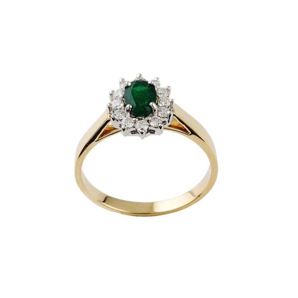 Yellow and White Gold 0.37ct Round Diamond and 0.94ct Oval Emerald Set Cluster Ring