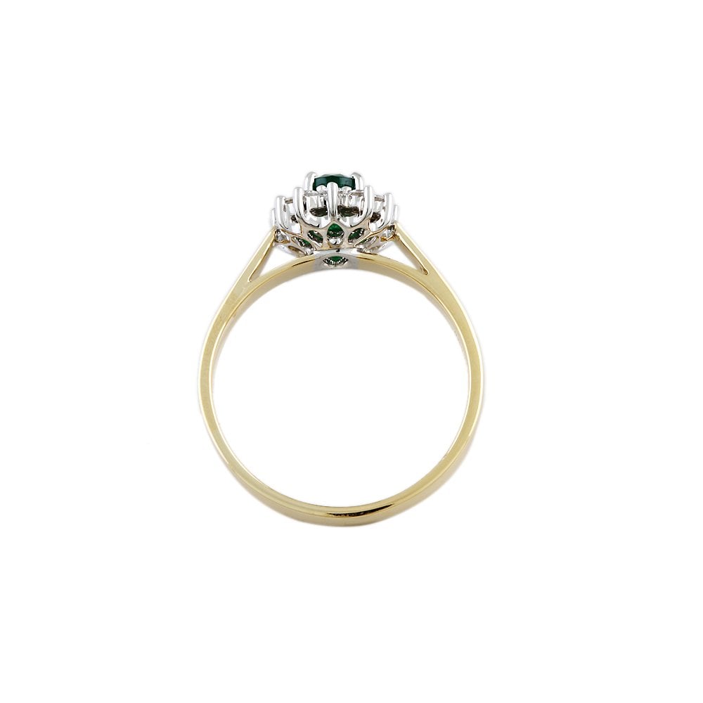 Yellow and White Gold 0.37ct Round Diamond and 0.94ct Oval Emerald Set Cluster Ring