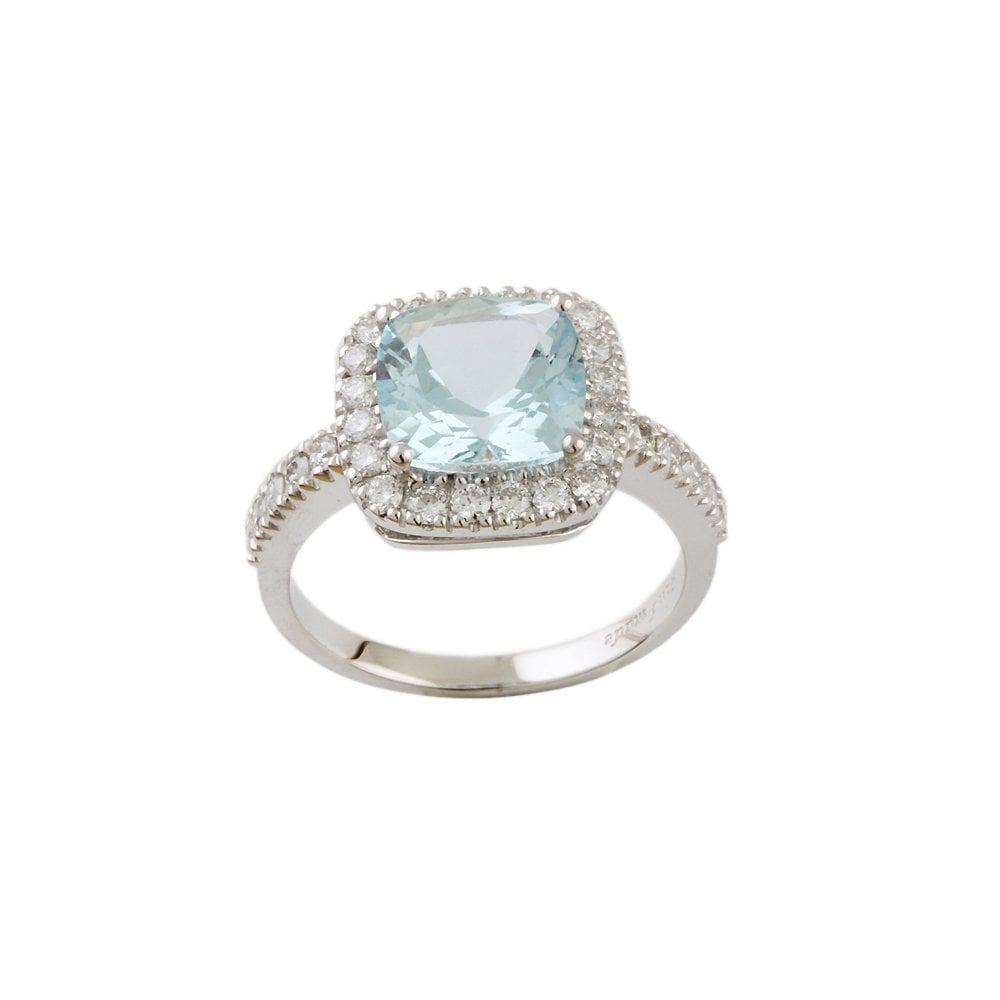 White Gold 0.63ct Round Diamond and 2.80ct Cushion Aquamarine Set Cluster Ring
