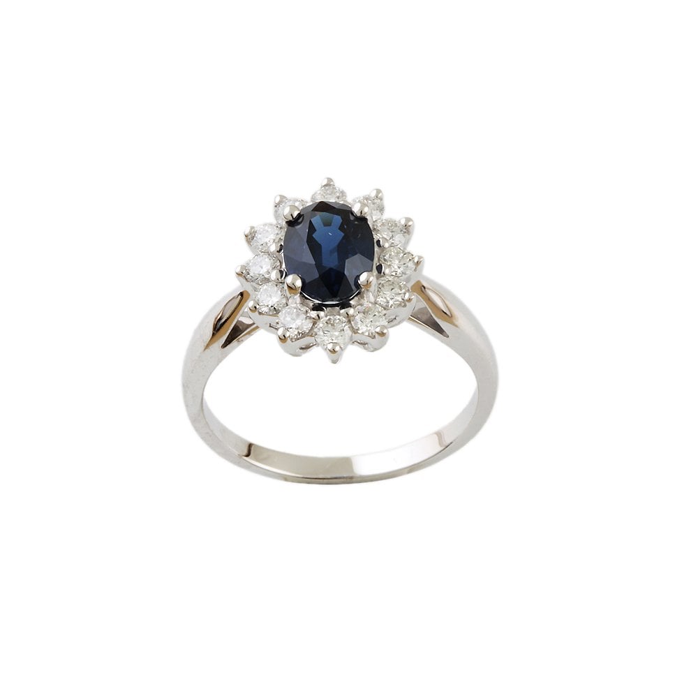 White Gold 0.71ct Round Diamond and 2.0ct Oval Blue Sapphire Set Cluster Ring