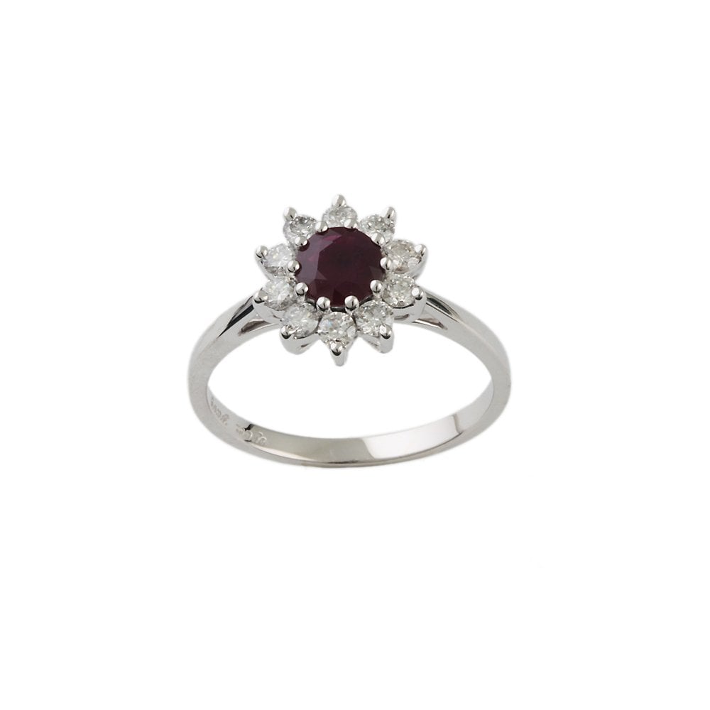 White Gold 0.49ct Round Diamond and 0.66ct Round Ruby Set Cluster Ring