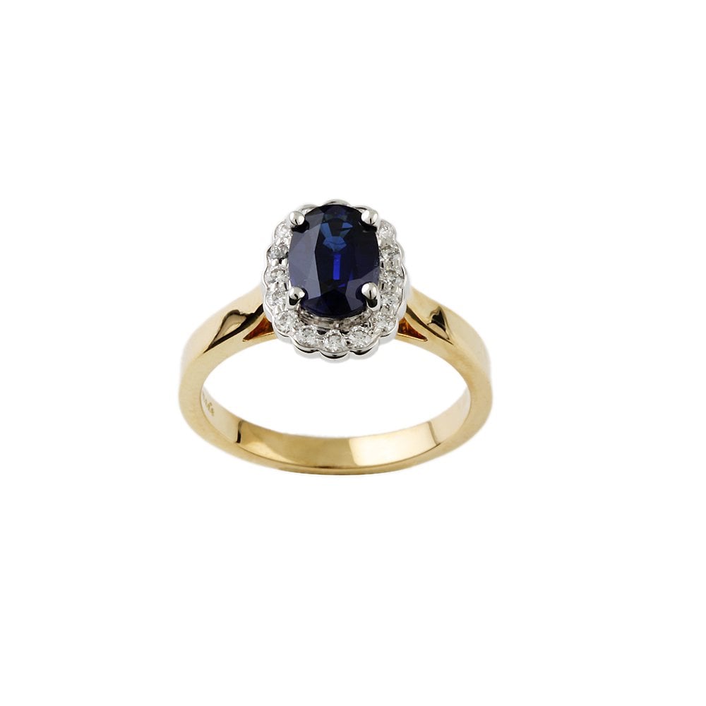 Yellow and White Gold 0.20ct Round Diamond and 1.53ct Oval Blue Sapphire Set Cluster Ring