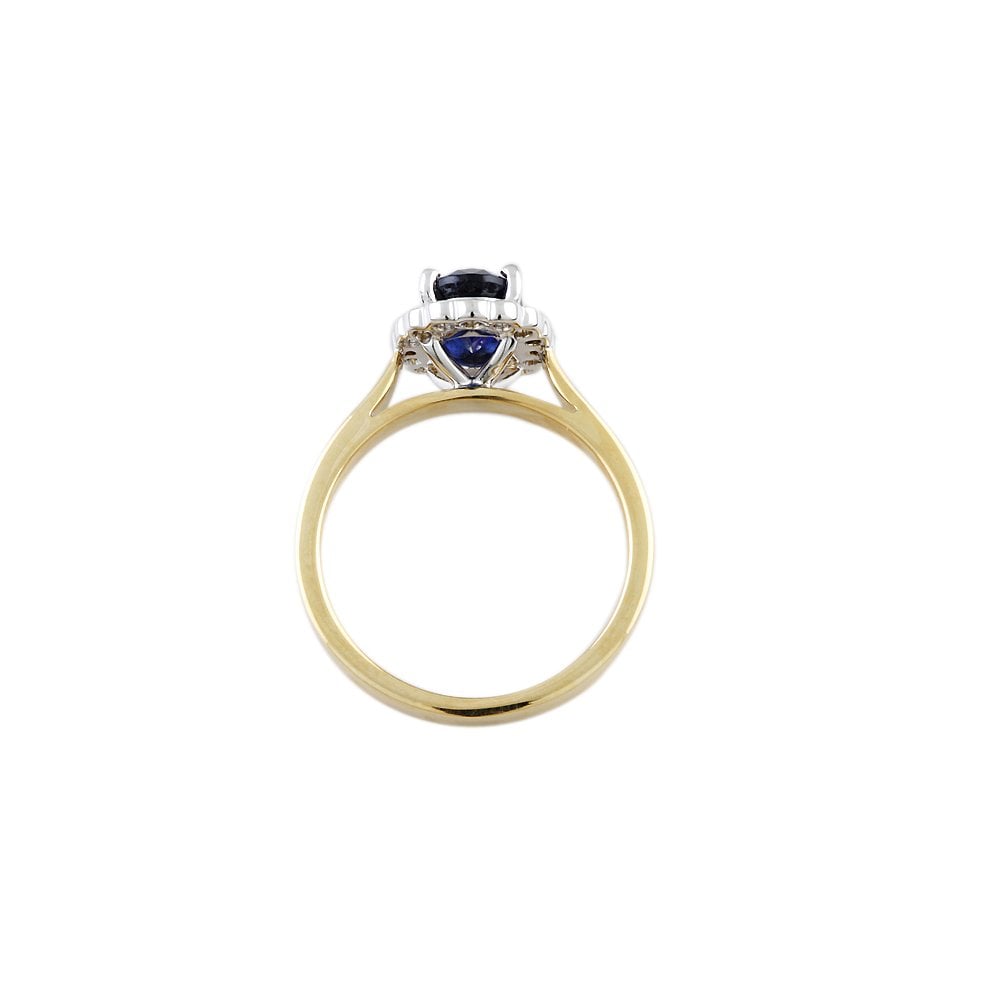Yellow and White Gold 0.20ct Round Diamond and 1.53ct Oval Blue Sapphire Set Cluster Ring