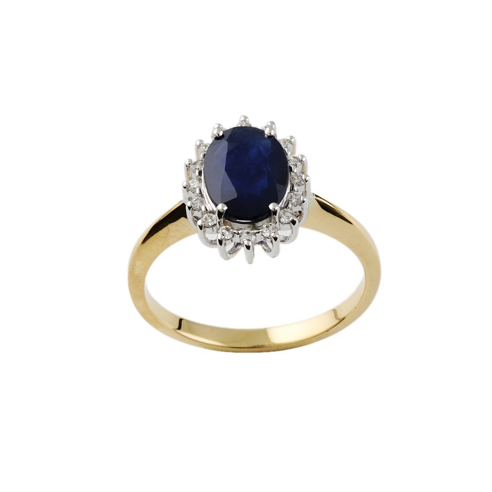 Yellow and White Gold 0.13ct Round Diamond and 1.82ct Oval Blue Sapphire Set Cluster Ring