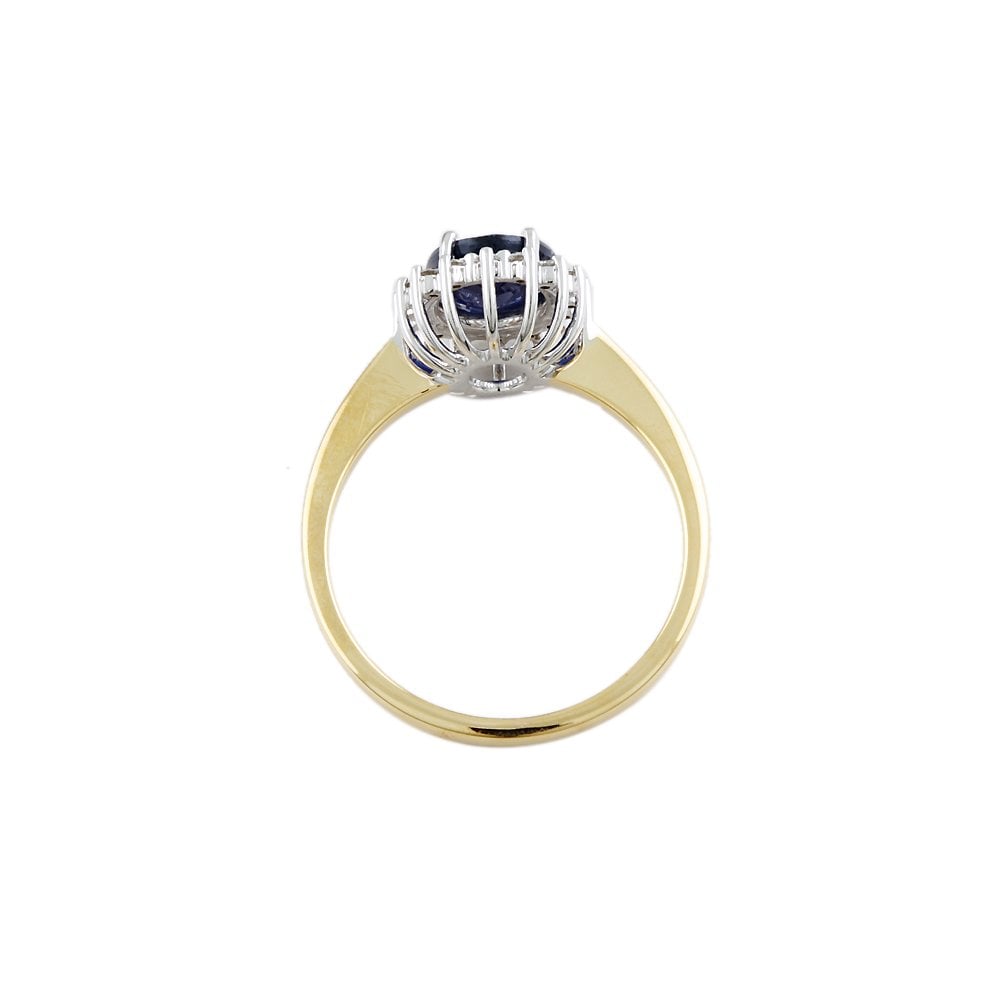 Yellow and White Gold 0.13ct Round Diamond and 1.82ct Oval Blue Sapphire Set Cluster Ring