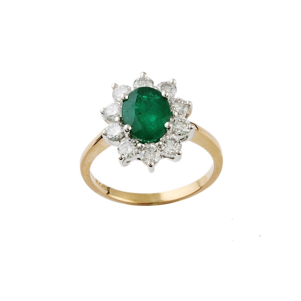 Yellow and White Gold 1.10ct Round Diamond and 1.58ct Oval Emerald Set Cluster Ring