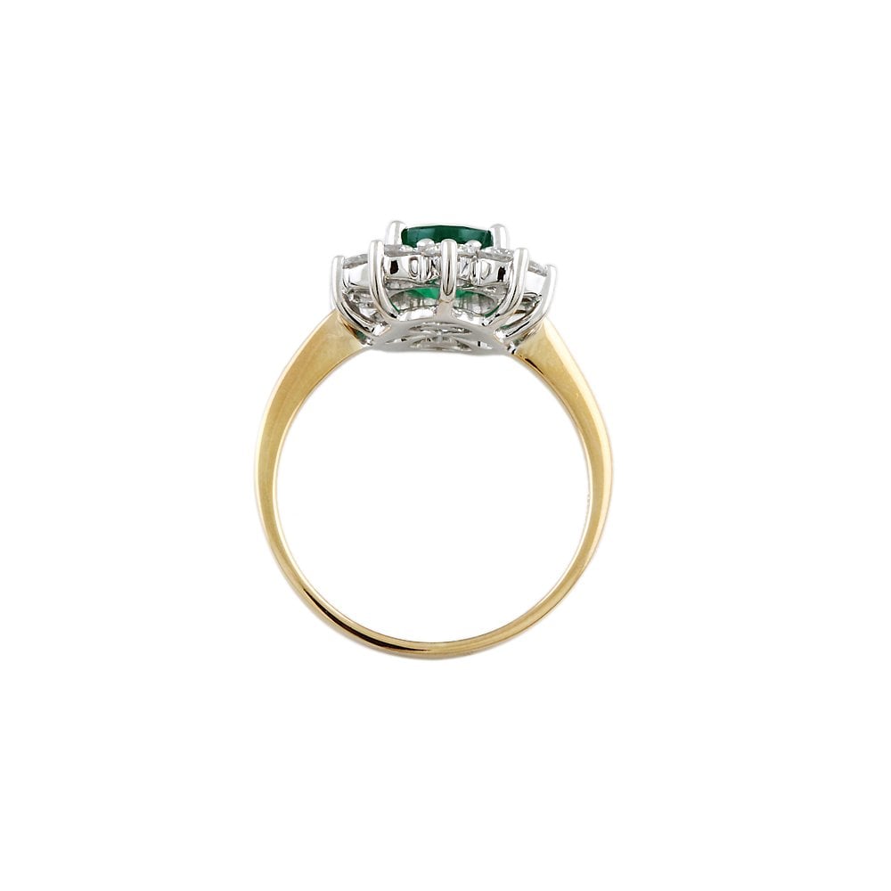 Yellow and White Gold 1.10ct Round Diamond and 1.58ct Oval Emerald Set Cluster Ring