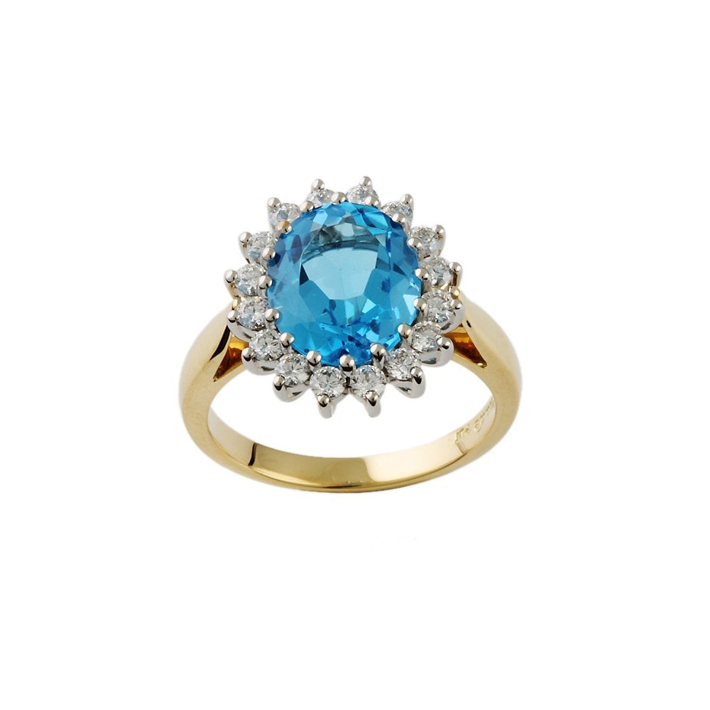Yellow and White Gold 0.58ct Round Diamond and 4.00ct Oval Blue Topaz Set Cluster Ring