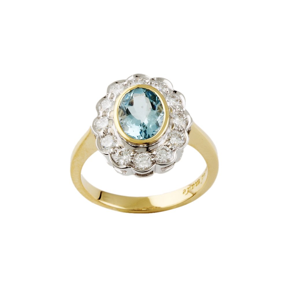 Yellow and White Gold 0.58ct Round Diamond and 1.10ct Oval Aquamarine Set Cluster Ring