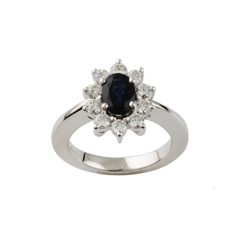 White Gold 0.59ct Round Diamond and 1.24ct Oval Blue Sapphire Set Cluster Ring