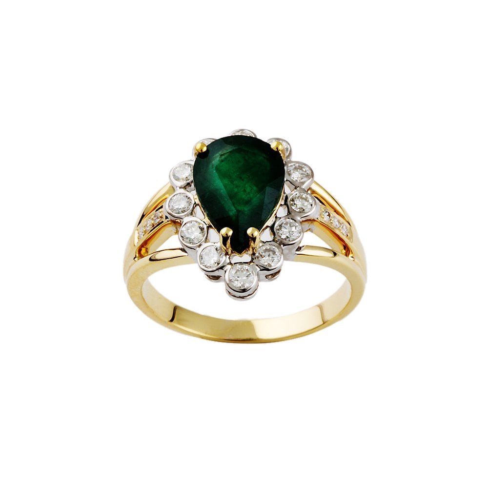 Yellow and White Gold 0.55ct Round Diamond and 2.52ct Pear Emerald Set Cluster Ring