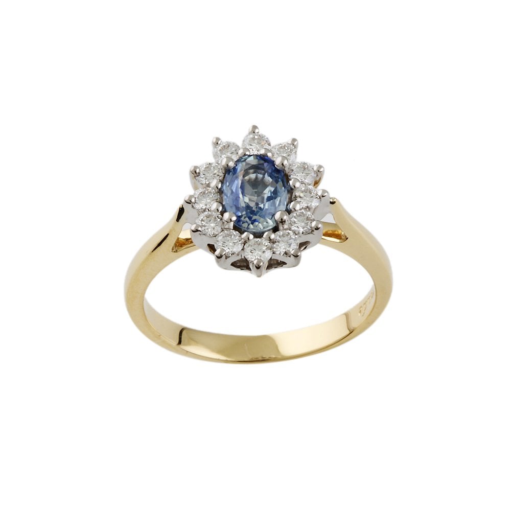Yellow and White Gold 0.38ct Round Diamond and 0.74ct Oval Blue Sapphire Set Cluster Ring