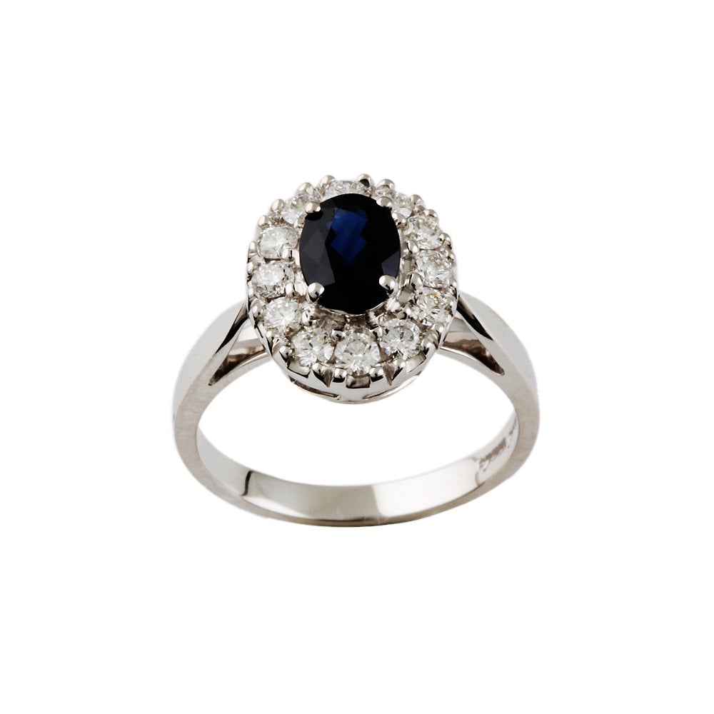 White Gold 0.52ct Round Diamond and 1.03ct Oval Blue Sapphire Set Cluster Ring
