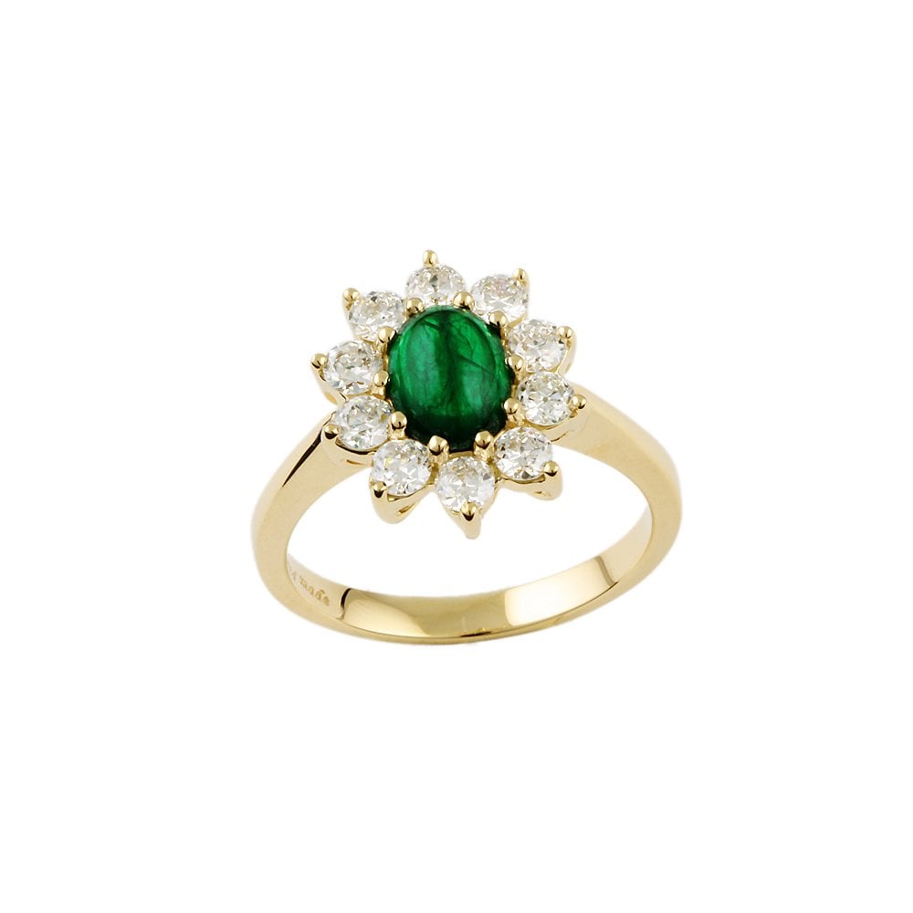 Yellow Gold 0.95ct Round Diamond and 1.15ct Oval Emerald Set Cluster Ring