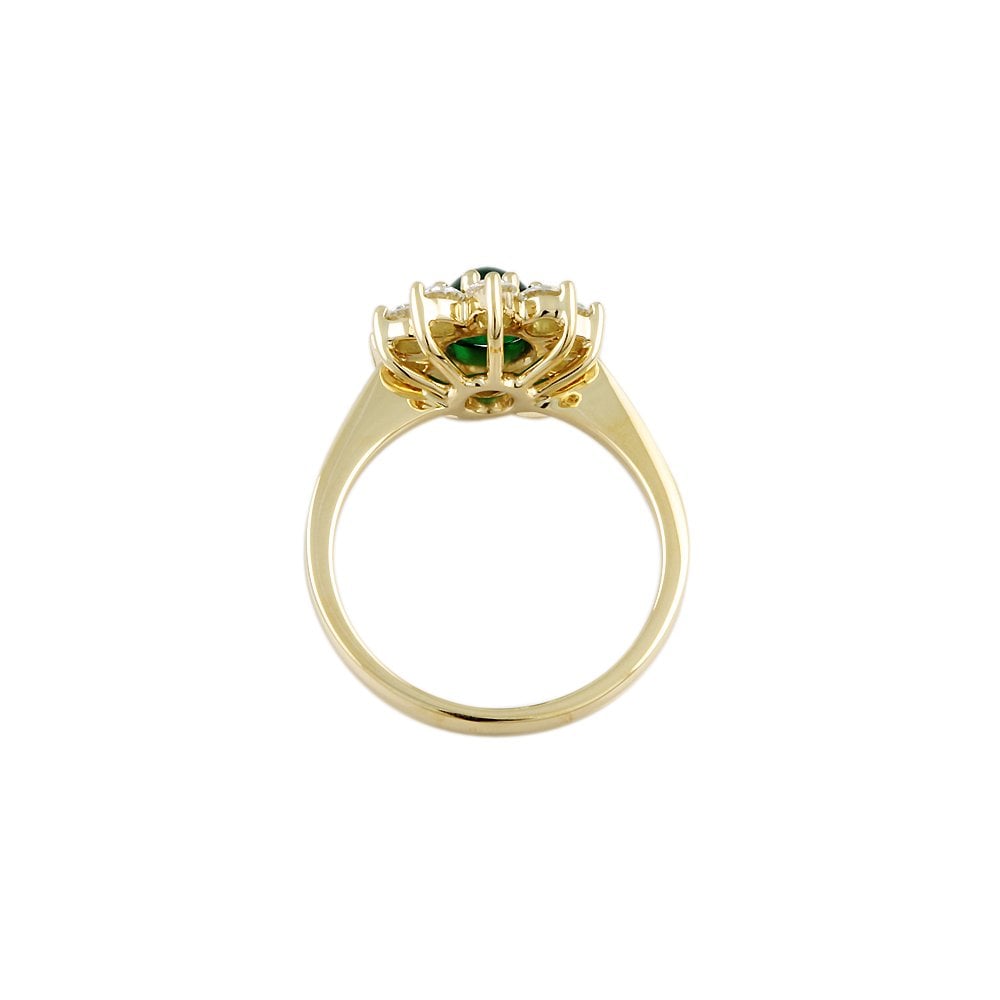 Yellow Gold 0.95ct Round Diamond and 1.15ct Oval Emerald Set Cluster Ring