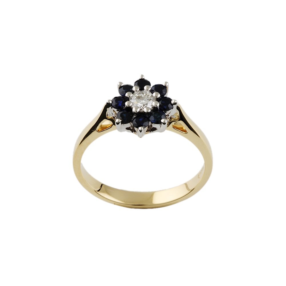 Yellow and White Gold 0.18ct Round Diamond and 0.58ct Round Blue Sapphire Set Cluster Ring