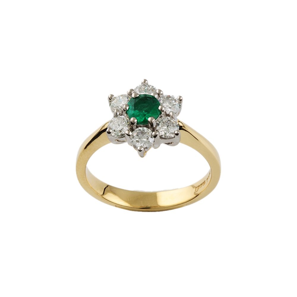 Yellow and White Gold 0.78ct Round Diamond and 0.32ct Round Emerald Set Cluster Ring