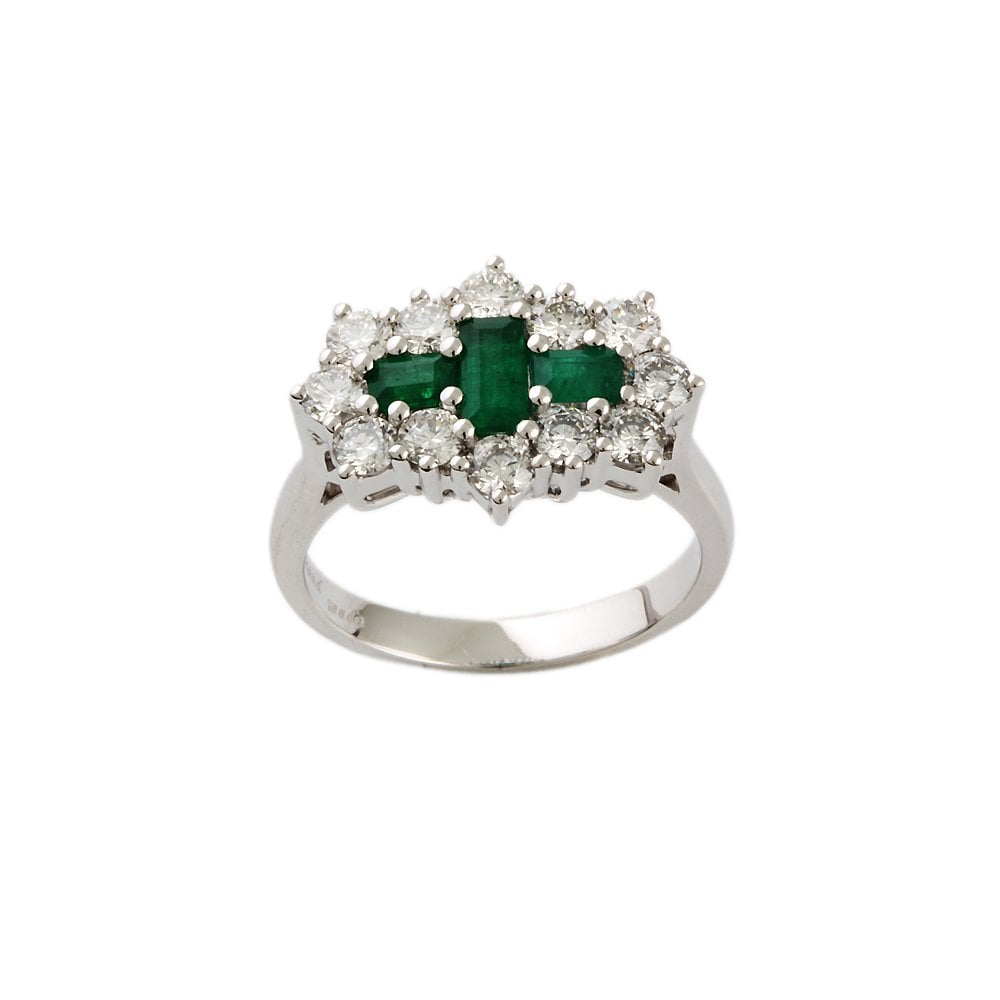 White Gold 1.21ct Round Diamond and 0.75ct Baguette Emerald Set Cluster Ring