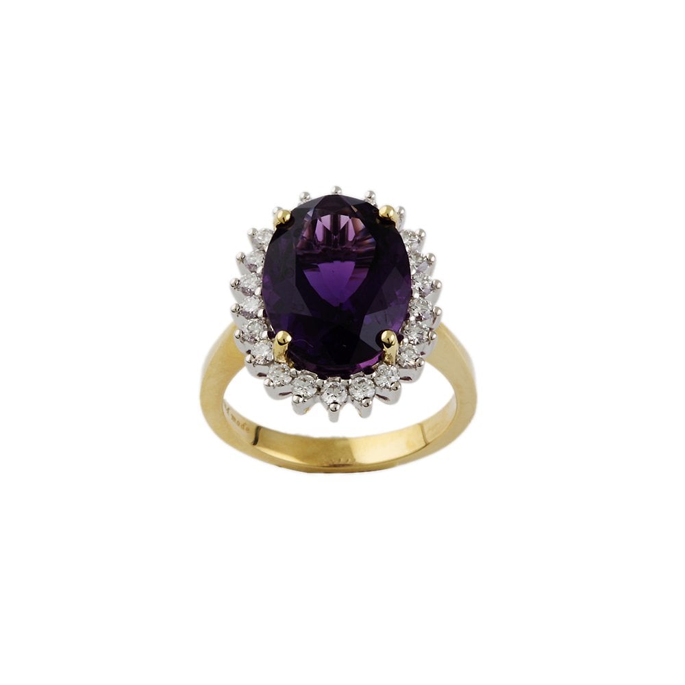 Yellow and White Gold 0.63ct Round Diamond and 6.67ct Oval Amethyst Set Cluster Ring