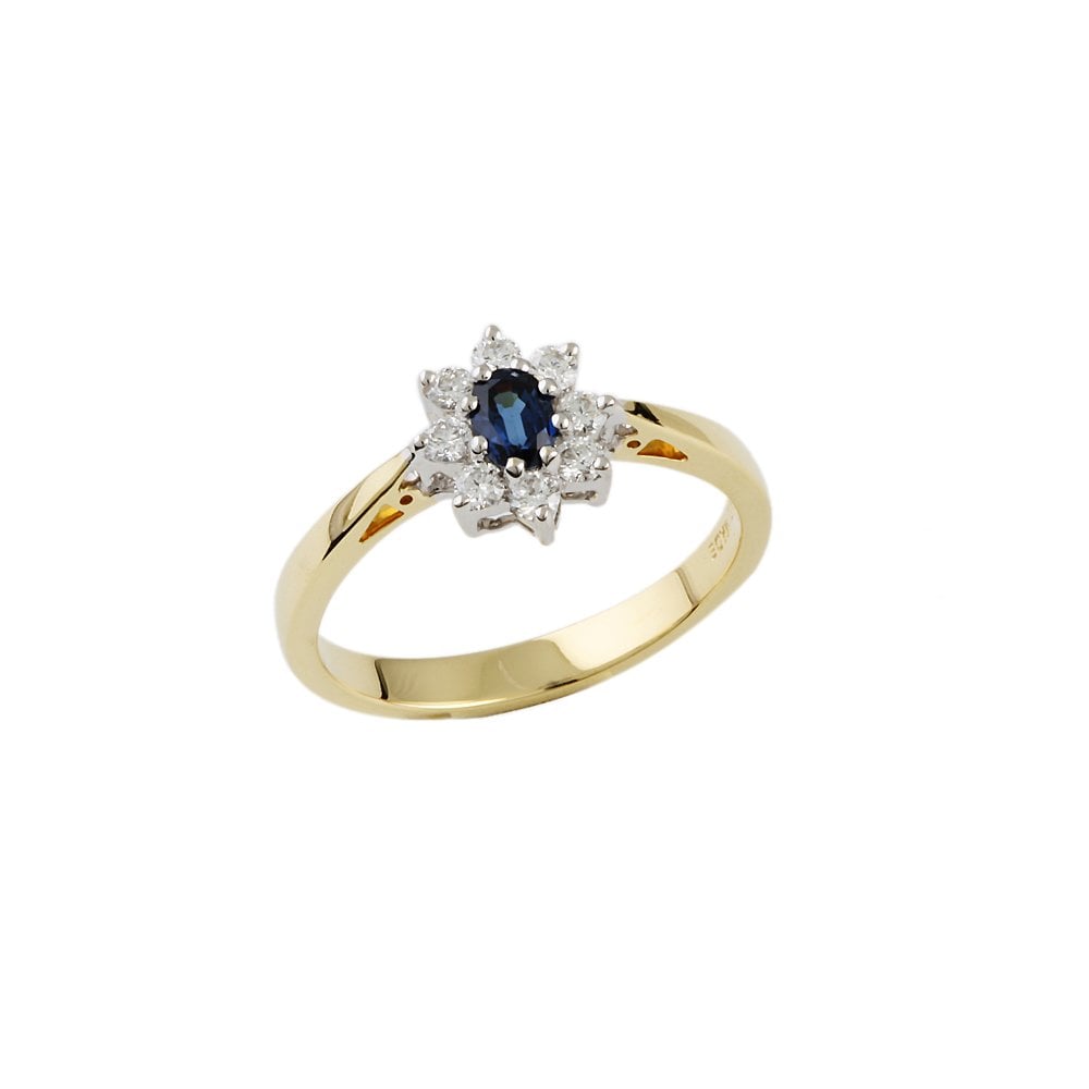 Yellow and White Gold 0.33ct Round Diamond and 0.42ct Oval Blue Sapphire Set Cluster Ring