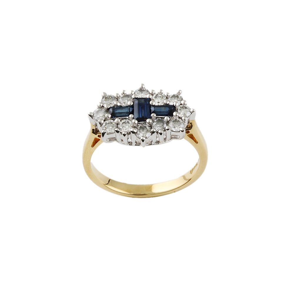 Yellow and White Gold 0.73ct Round Diamond and 0.55ct Baguette Blue Sapphire Set Cluster Ring