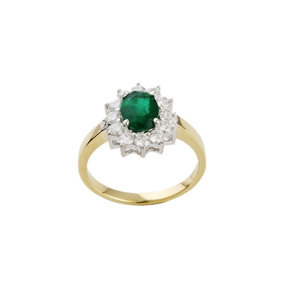 Yellow and White Gold 0.50ct Round Diamond and 0.84ct Oval Emerald Set Cluster Ring