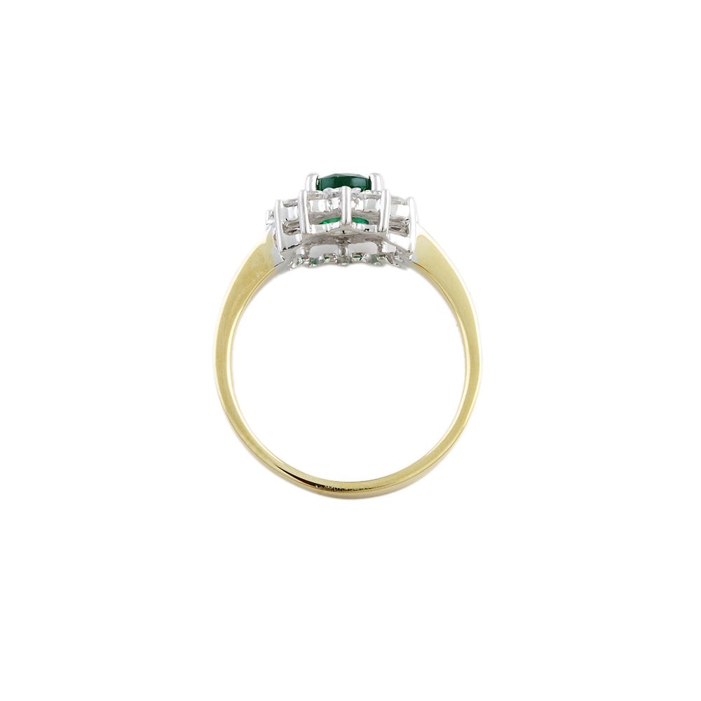 Yellow and White Gold 0.50ct Round Diamond and 0.84ct Oval Emerald Set Cluster Ring