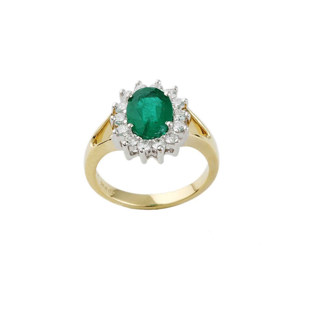 Yellow and White Gold 0.51ct Round Diamond and 1.64ct Oval Emerald Set Cluster Ring