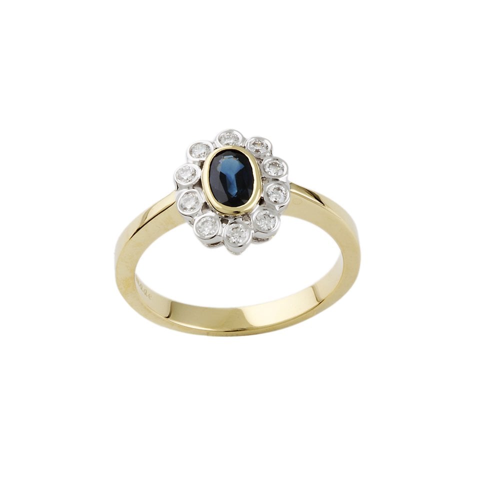 Yellow and White Gold 0.22ct Round Diamond and 0.42ct Oval Blue Sapphire Set Cluster Ring
