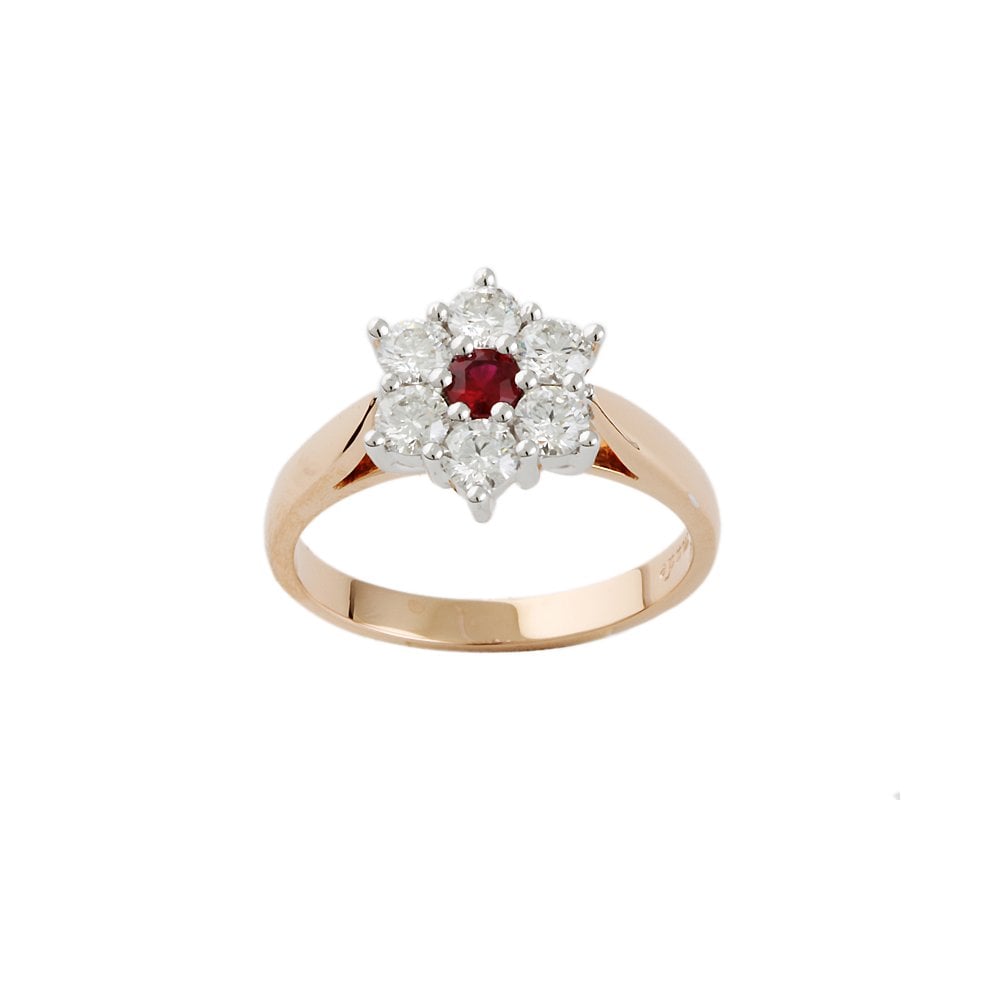 Rose and White Gold 0.86ct Round Diamond and 0.18ct Round Ruby Set Cluster Ring