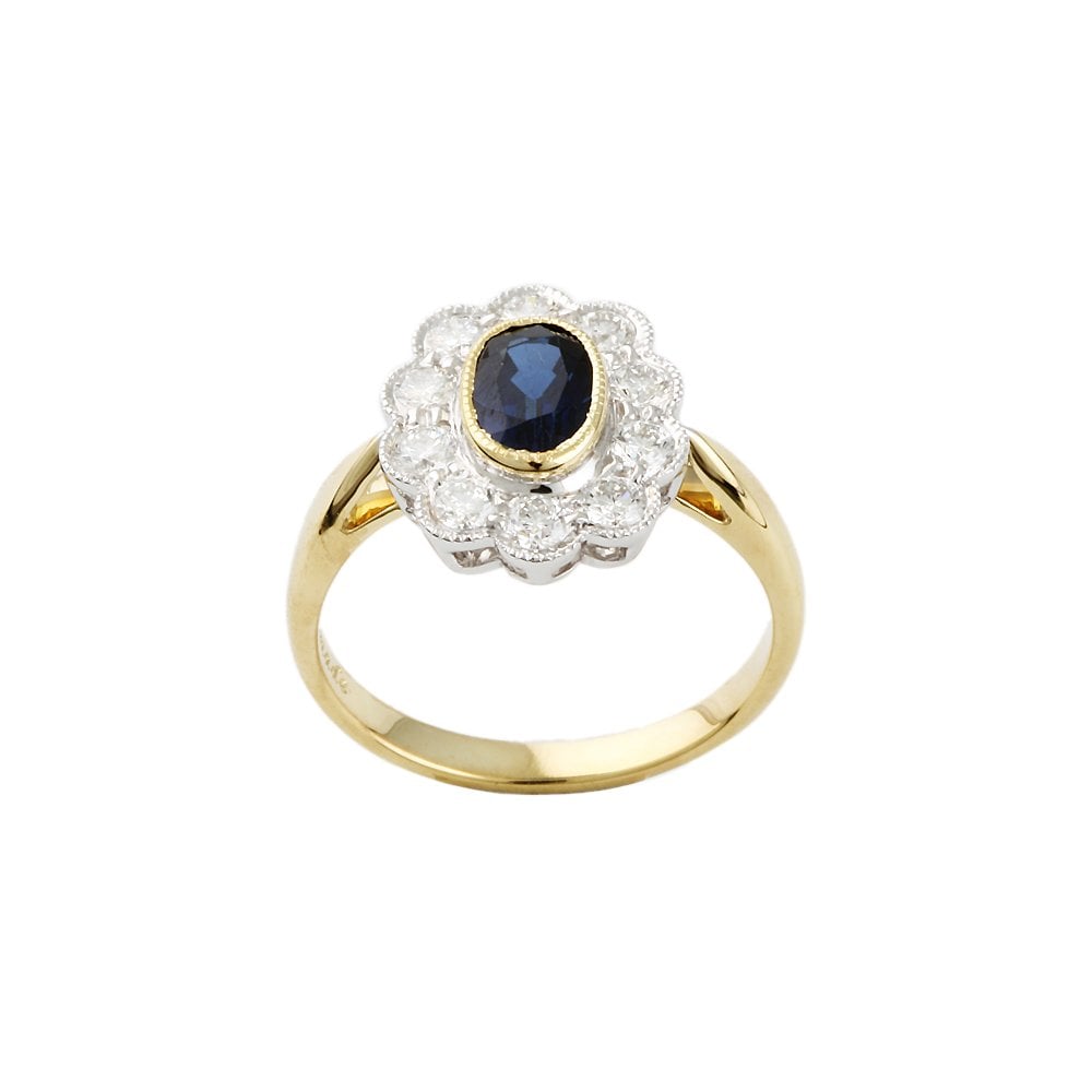 Yellow and White Gold 0.57ct Round Diamond and 1.27ct Oval Blue Sapphire Set Cluster Ring