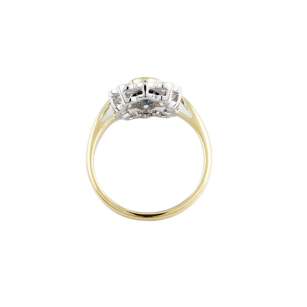 Yellow and White Gold 0.57ct Round Diamond and 1.27ct Oval Blue Sapphire Set Cluster Ring