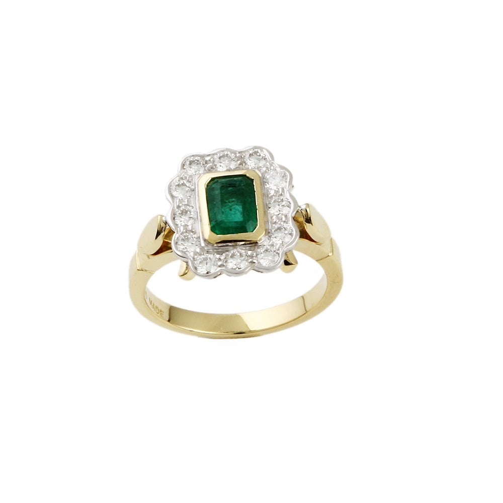 Yellow and White Gold 0.53ct Round Diamond and 1.01ct Emerald cut Emerald Set Cluster Ring