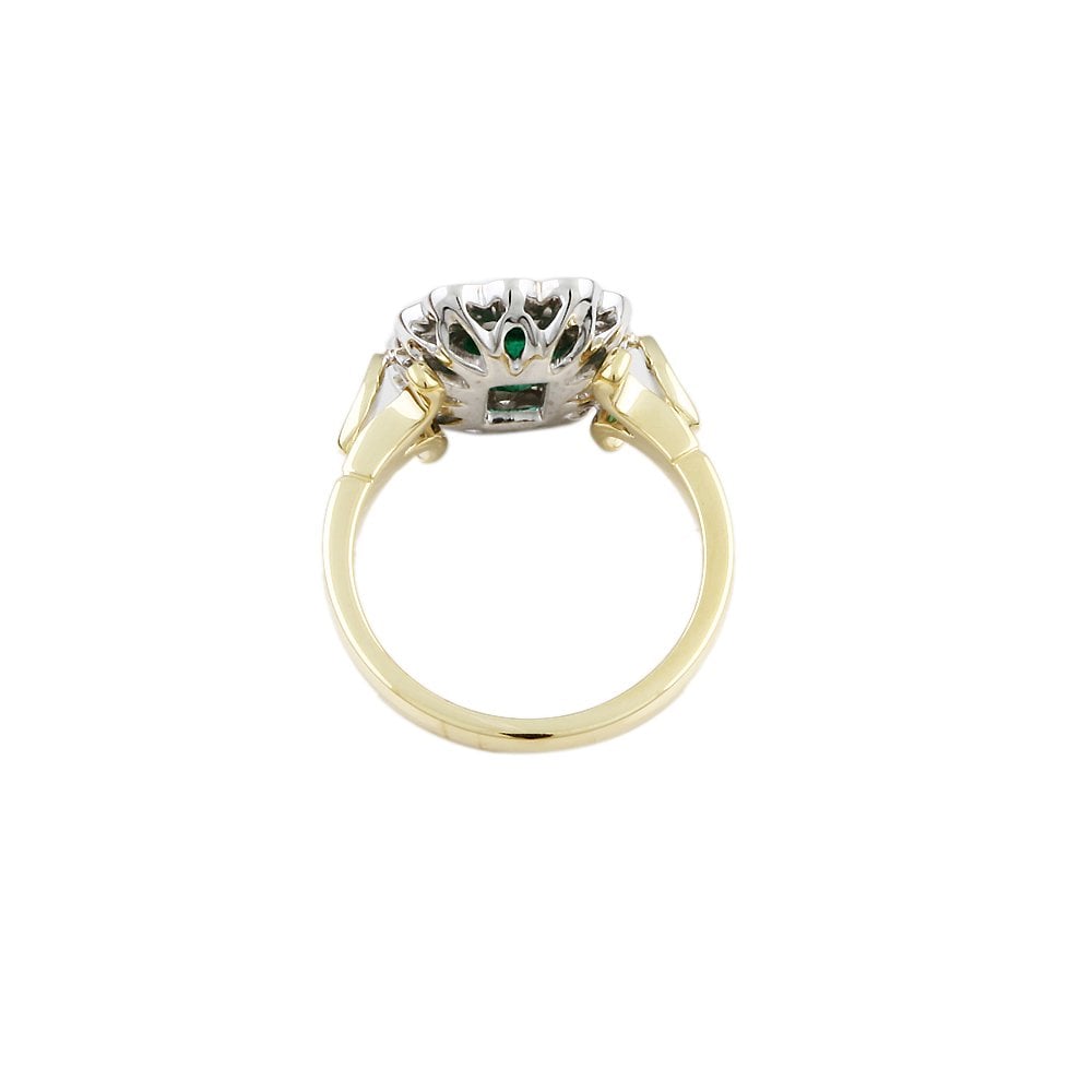 Yellow and White Gold 0.53ct Round Diamond and 1.01ct Emerald cut Emerald Set Cluster Ring