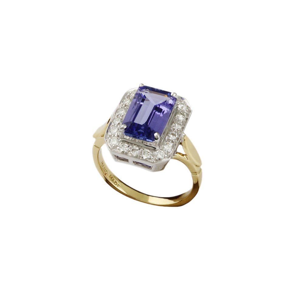 Yellow and White Gold 0.45ct Round Diamond and 3.31ct Emerald cut Tanzanite Set Cluster Ring