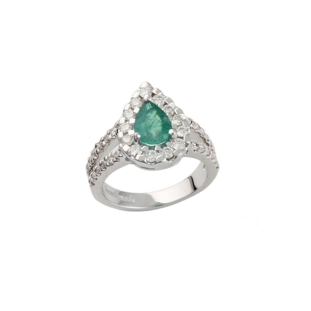 White Gold 0.51ct Round Diamond and 0.61ct Pear Emerald Set Cluster Ring