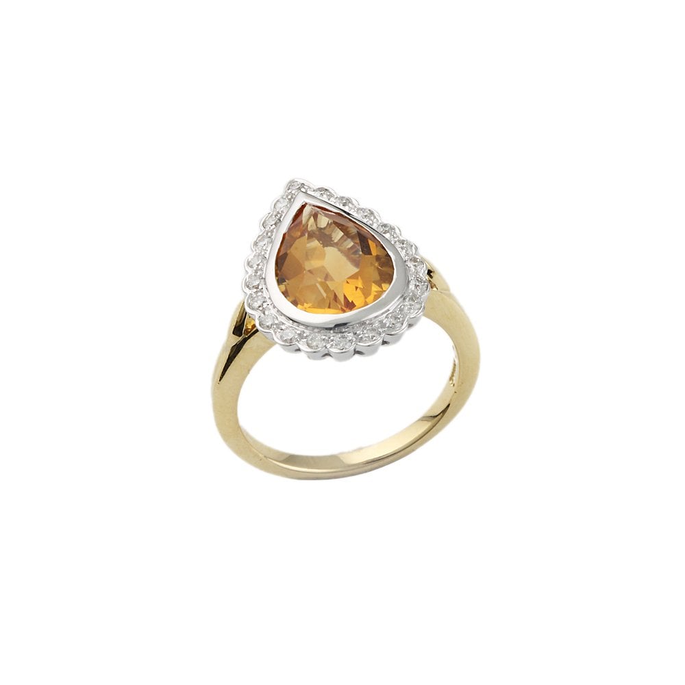 Yellow and White Gold 0.24ct Round Diamond and 3.18ct Pear Citrine Set Cluster Ring