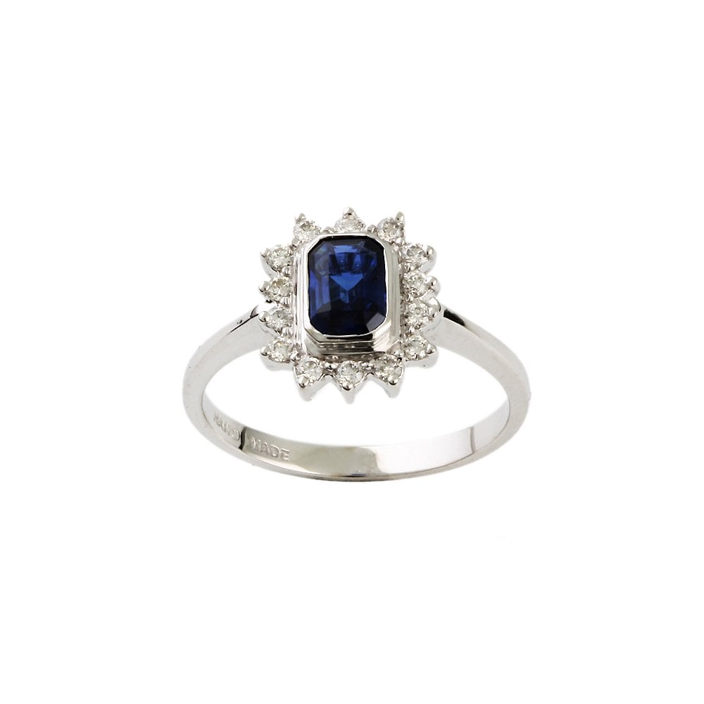 White Gold 0.24ct Round Diamond and 0.89ct Emerald cut Blue Sapphire Set Cluster Ring