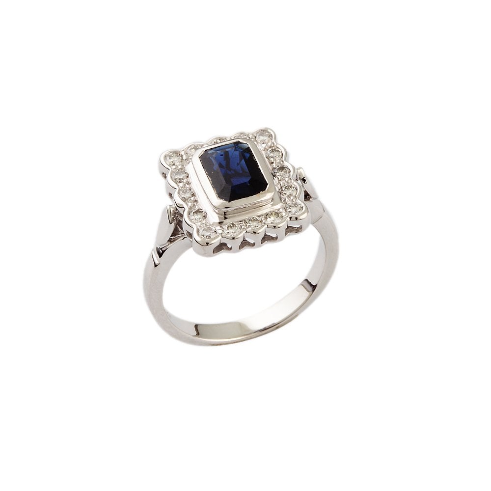 White Gold 0.41ct Round Diamond and 1.25ct Emerald cut Blue Sapphire Set Cluster Ring