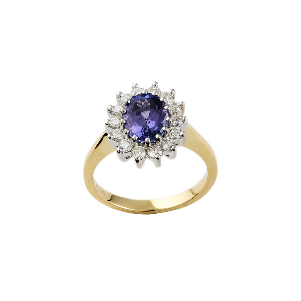 Yellow and White Gold 0.53ct Round Diamond and 1.89ct Oval Tanzanite Set Cluster Ring