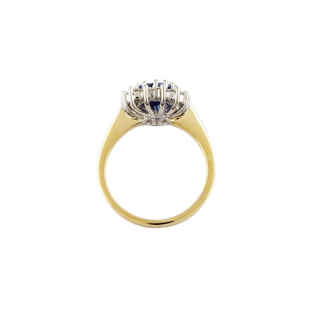 Yellow and White Gold 0.53ct Round Diamond and 1.89ct Oval Tanzanite Set Cluster Ring