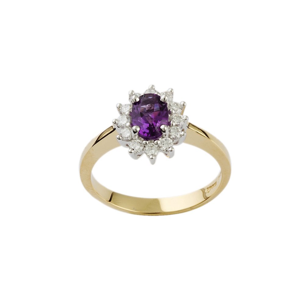 Yellow and White Gold 0.35ct Round Diamond and 0.78ct Oval Amethyst Set Cluster Ring