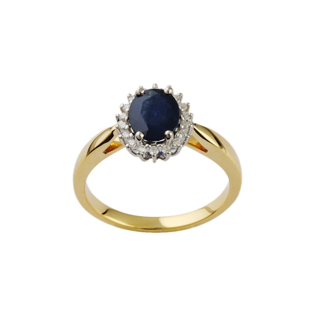 Yellow and White Gold 0.18ct Round Diamond and 2.02ct Oval Blue Sapphire Set Cluster Ring