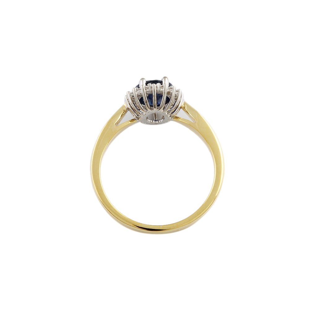 Yellow and White Gold 0.18ct Round Diamond and 2.02ct Oval Blue Sapphire Set Cluster Ring