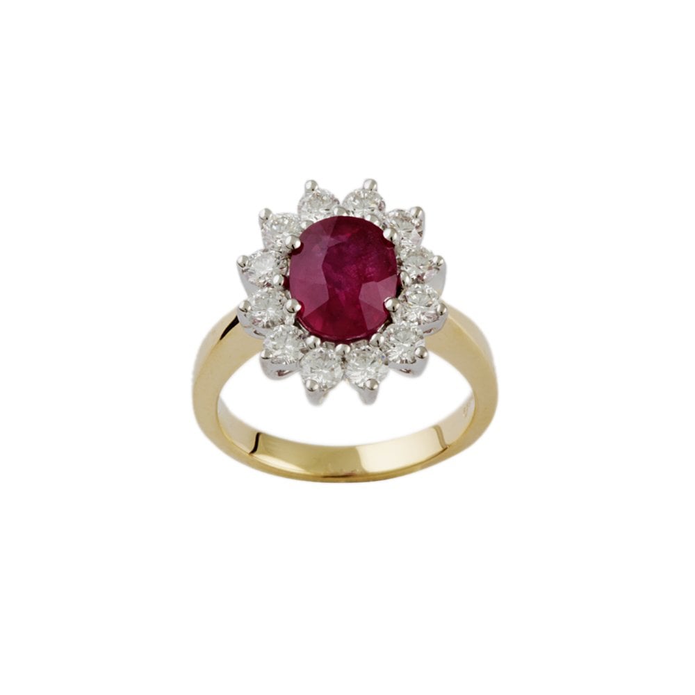 Yellow and White Gold 0.94ct Round Diamond and 2.28ct Oval Ruby Set Cluster Ring