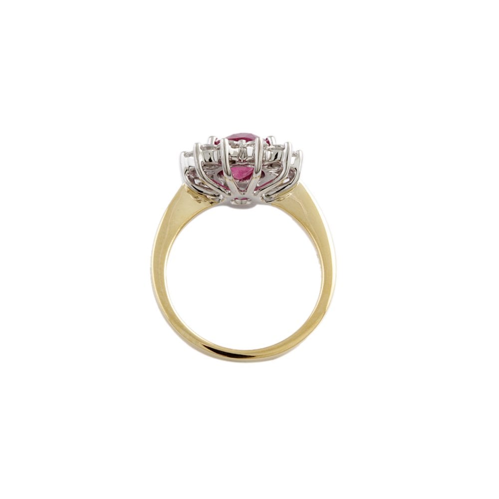 Yellow and White Gold 0.94ct Round Diamond and 2.28ct Oval Ruby Set Cluster Ring
