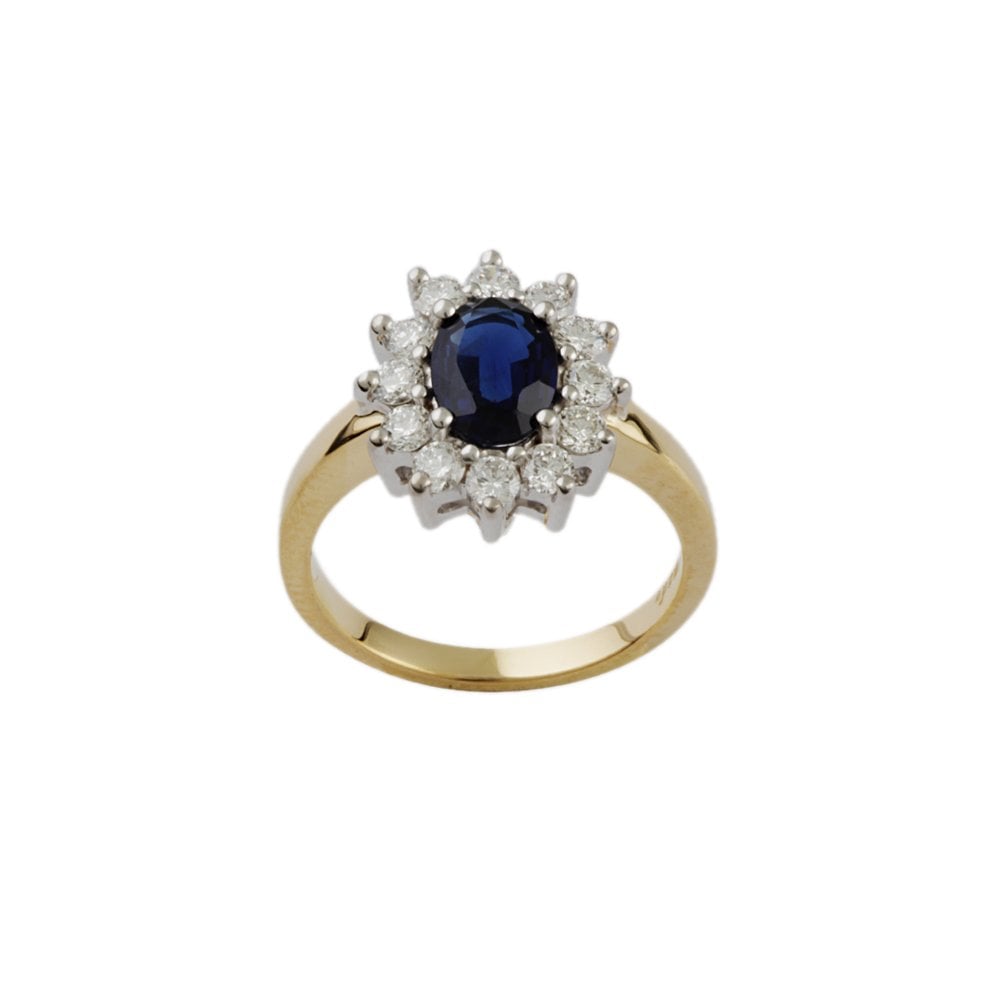 Yellow and White Gold 0.47ct Round Diamond and 0.91ct Oval Blue Sapphire Set Cluster Ring