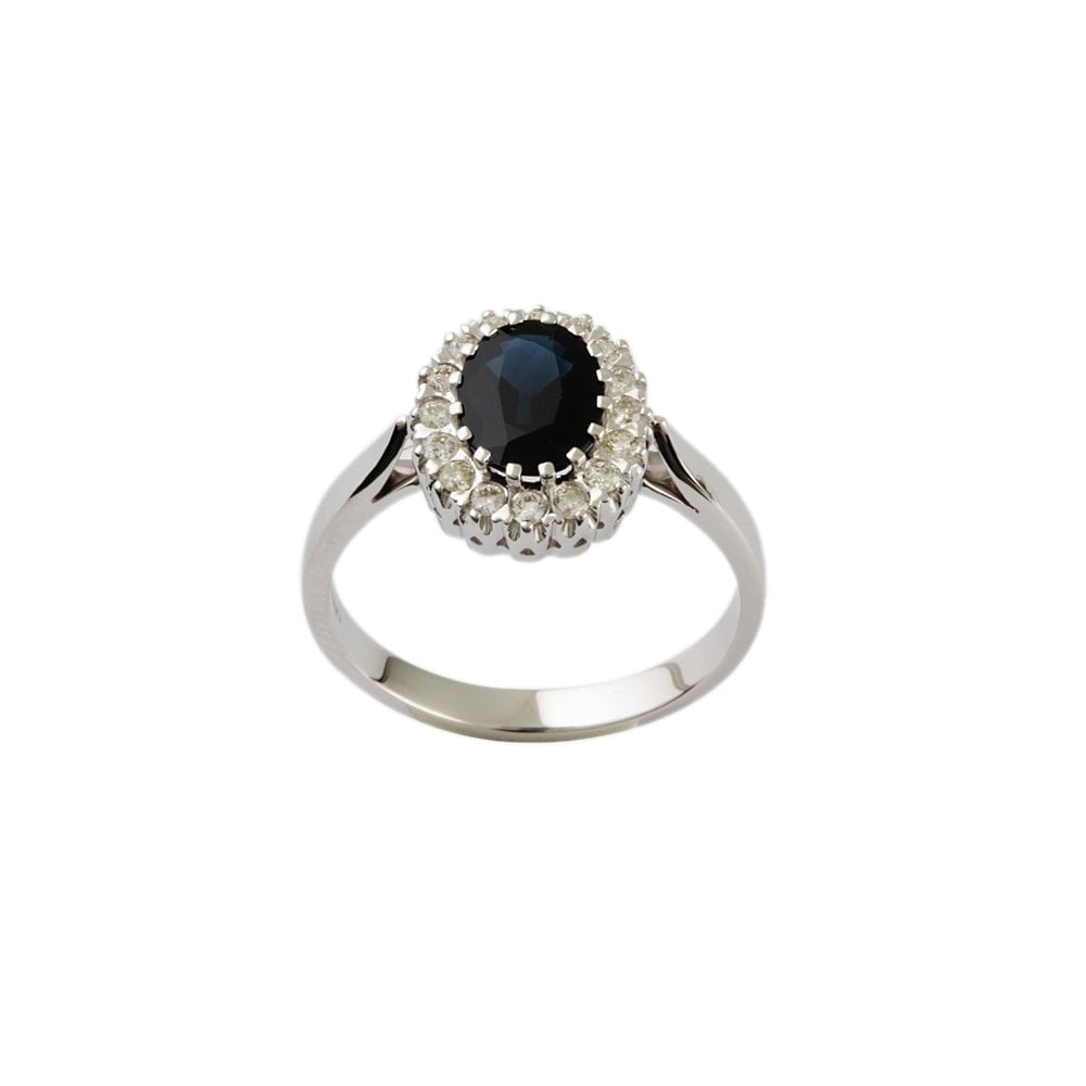 White Gold 0.34ct Round Diamond and 1.99ct Oval Blue Sapphire Set Cluster Ring