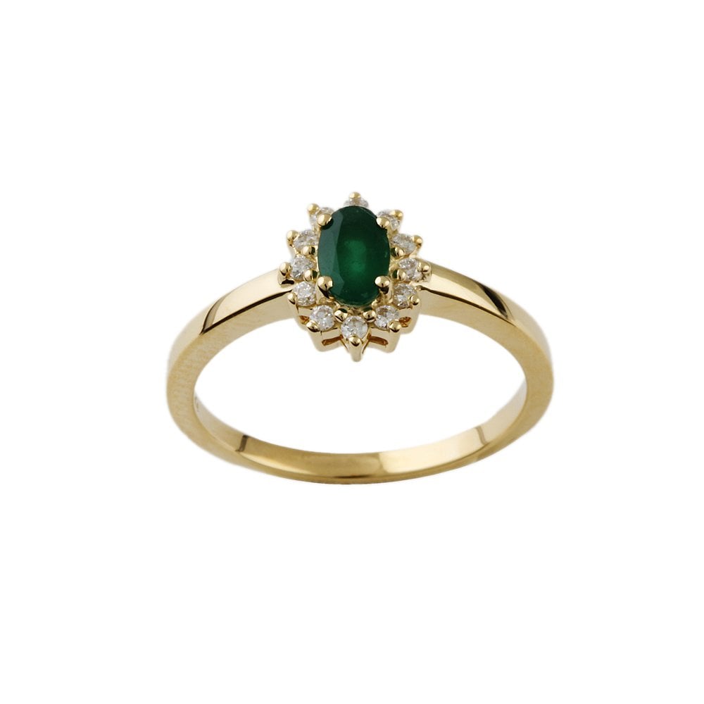 Yellow Gold 0.13ct Round Diamond and 0.37ct Oval Emerald Set Cluster Ring