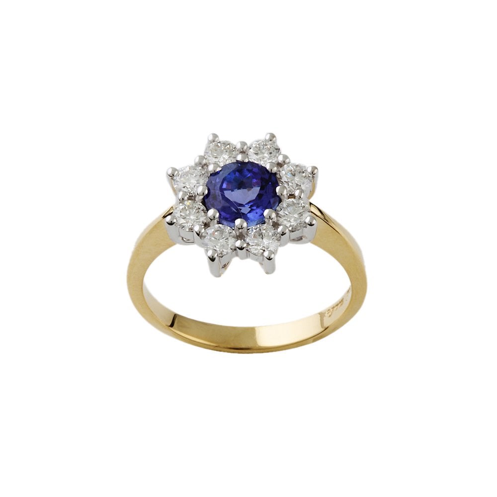 Yellow and White Gold 0.72ct Round Diamond and 1.24ct Round Tanzanite Set Cluster Ring